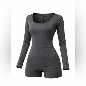 SHEIN Dark Gray Long Sleeve Scoop Neck Romper Jumpsuit